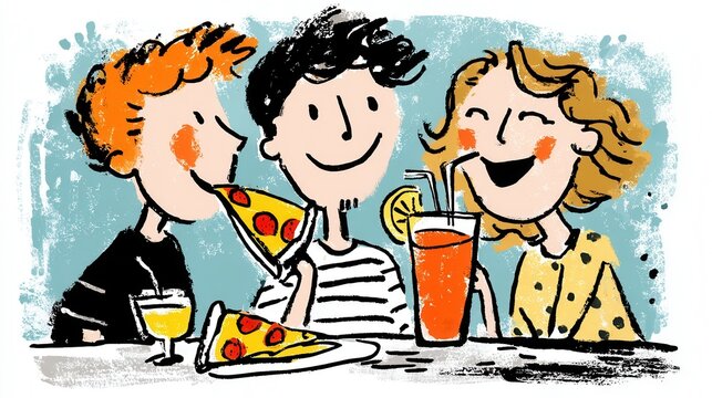 Happy cartoon friends eating pizza and drinking drinks together