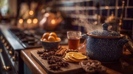 Fototapeta premium Cozy kitchen scene with warm spiced drink and citrus simmering on stove autumn home atmosphere