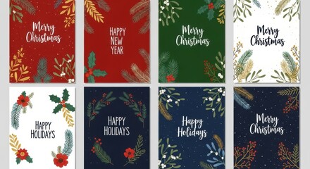 Festive holiday greeting cards featuring elegant botanical designs and joyful Merry Christmas and Happy Holidays messages
