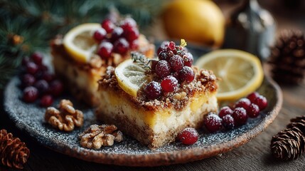 Cozy autumn dessert with lemon bars, cranberries, cinnamon and walnuts