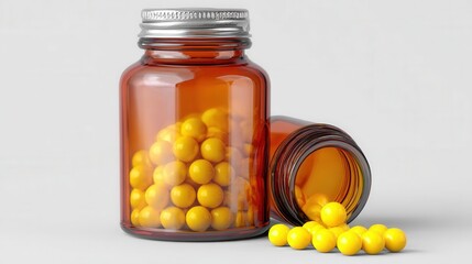 Medical product amber bottle with white cap blank label and yellow tablets isolated 