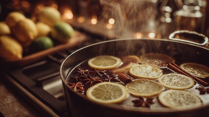 Simmering spiced citrus beverage on stove for cozy evening