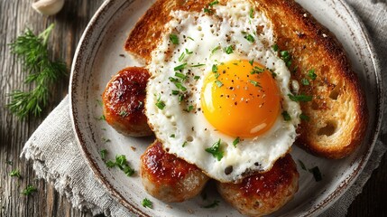 Minimal rustic breakfast with sausages fried egg and toast on white plate