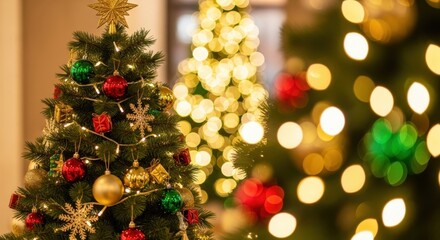 Fototapeta premium Sparkling Christmas tree adorned with vibrant ornaments, festive lights, and golden star topper creating cozy holiday ambiance