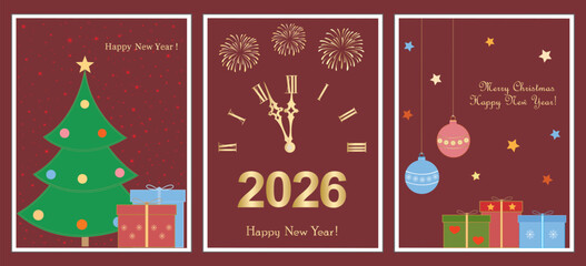 Set of Christmas and New Year Cards. Vector illustrations featuring colorful New Year symbols for background, greeting card, party invitation card, website banner, social media, marketing material