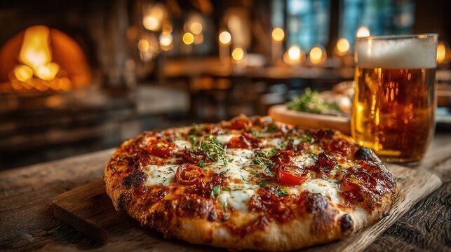 Warm rustic atmosphere margherita pizza with beer cozy weekend dinner concept - Powered by Adobe