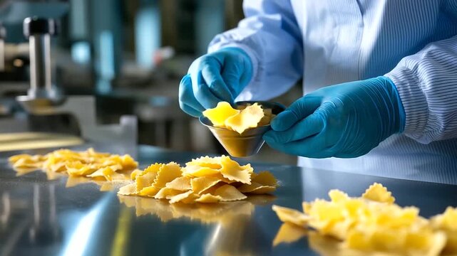 Back turned quality controller monitoring sharp pasta pieces traveling on polished stainless steel surface, with copy space