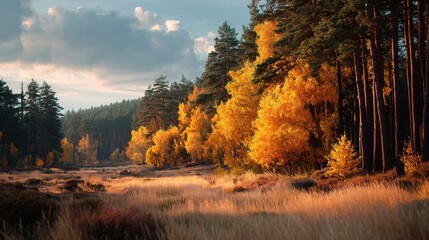 Autumn forest with golden trees yellow foliage and soft sky warm serene landscape