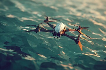 Low-Poly Racing Drone Over Synthetic Sea Background