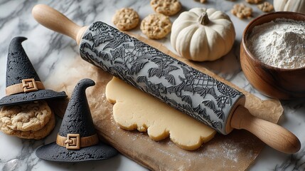 Halloween cookie dough with bat and witch hat shapes on marble countertop