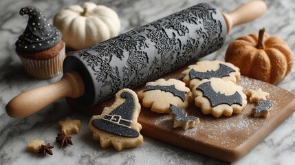 Halloween cookie dough with bat and witch hat shapes on marble countertop