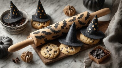 Halloween cookie dough with bat and witch hat shapes on marble countertop