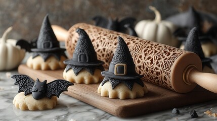 Halloween cookie dough with bat and witch hat shapes on marble countertop