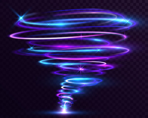 Tornado of glowing neon light, swirling blue and purple spiral vortex on dark background, futuristic energy motion effect.