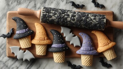 Halloween cookie dough with bat and witch hat shapes on marble countertop