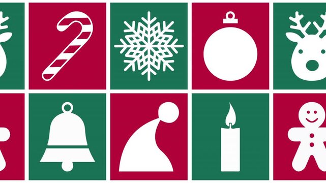 A seamless loop animation with flat Christmas icons reindeer, snowflake, bell, candy cane, hat, candle, and gingerbread moving in a festive red and green grid background