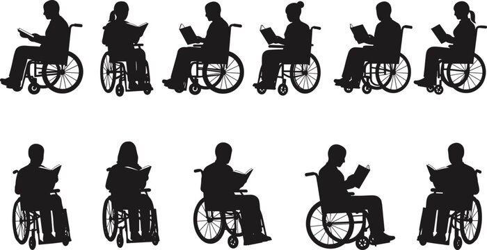 Silhouette of people in wheelchairs reading books, education and disability inclusion concept, accessible learning vector illustration design for awareness - Powered by Adobe