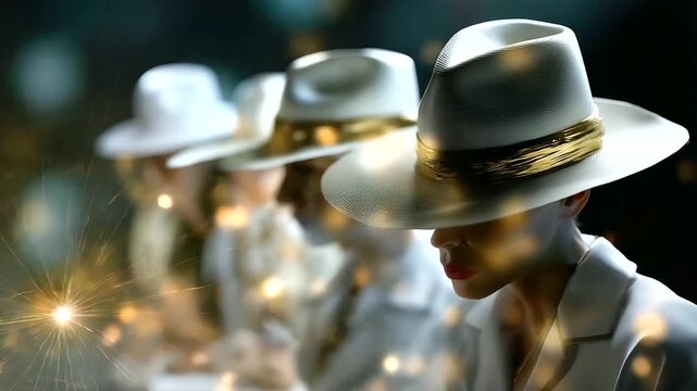 Defocused figures in white wide-brimmed hats with sharp focused symbolic light elements in esoteric setting, with copy space