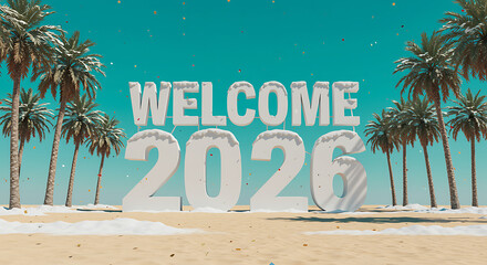 Welcome 2026 text on a tropical beach with palm trees and snow