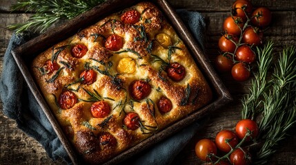 Baking tray with focaccia bread topped with cherry tomatoes and fresh herbs