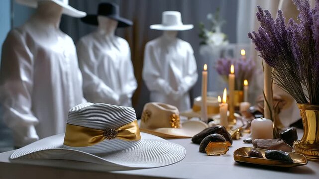 Headless shot showing torsos in white garments and broad hats near focused esoteric symbolic elements, with copy space
