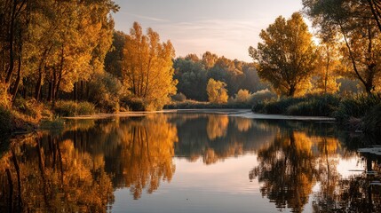 Tranquil autumn landscape with golden trees in morning mist and soft pastel light