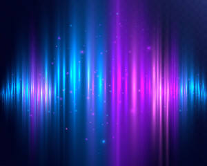 Light glowing neon sound wave, blue and purple vertical lines with sparkles on dark background, futuristic audio spectrum effect.