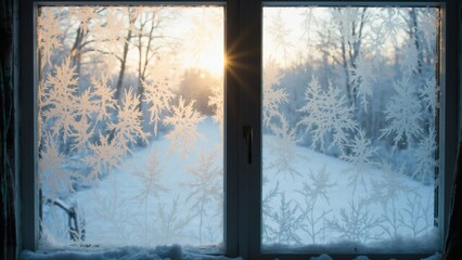Winter morning sunlight shining through frosty window
