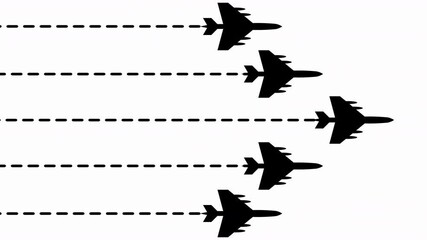 Five Airplanes Flying Together with Dotted Line Flight Paths from left to right— 4K Animation on White Background