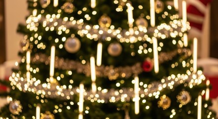 Warm glow of festive Christmas tree lights and ornaments creates a magical holiday atmosphere, perfect for seasonal celebrations and winter themes