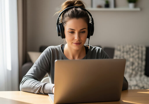 Listening practice for IELTS or TOEFL at home with headphones while studying on a laptop for course providers and elearning platforms, useful for language schools and education banners