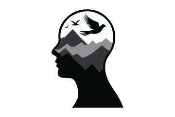 Silhouette of a head filled with mountains and birds