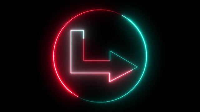 Abstract glowing two colours neon directional arrow loading icon animation. Abstract directional neon  red and blue  arrow icon animation. black background.