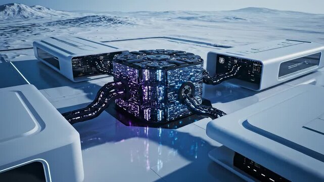 Futuristic technological cube processing data in a snowy arctic landscape