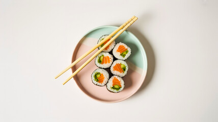 Set of bite-sized sushi rolls arranged on soft pastel plate, paired with wooden chopsticks. Vibrant salmon, cucumber, and rice create fresh, minimal, inviting scene perfect for food and dining themes.
