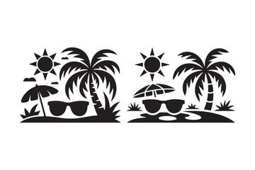 Tropical beach scene with palm trees sunglasses and umbrellas