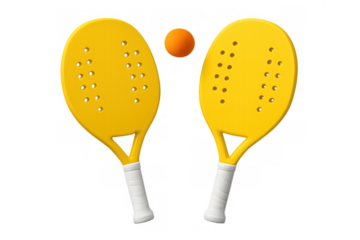 Two bright yellow beach tennis paddles and an orange ball for a summer leisure activity, depicting sports and outdoor fun