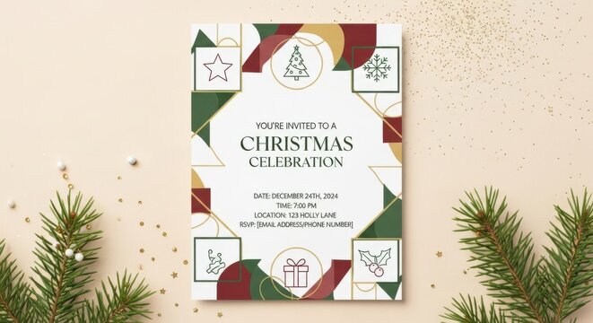 Elegant Christmas celebration invitation template with festive icons and modern geometric design, perfect for holiday parties and events.