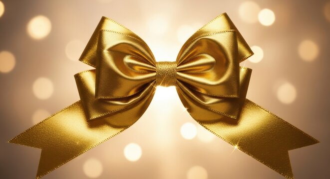 Elegant gold ribbon bow shimmering with festive bokeh lights creating a luxurious and celebratory atmosphere perfect for gifts and special occasions