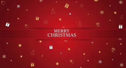 Elegant Merry Christmas greeting with festive falling gifts snowflakes and stars on a vibrant red background perfect for holiday invitations and celebrations