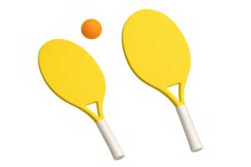 Yellow beach tennis rackets with an orange ball in play, representing summer sports fun and active recreation on transparent background