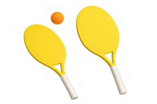 Yellow beach tennis rackets with an orange ball in play, representing summer sports fun and active recreation on transparent background
