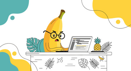 Banana Programmer Working On Laptop With Glasses And Pineapple Conceptual Illustration