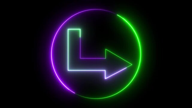 Abstract glowing two colours neon directional arrow loading icon animation. Abstract directional neon indigo and green arrow icon animation. black background.