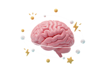 A pink brain with orbiting elements and electrical sparks on transparent background