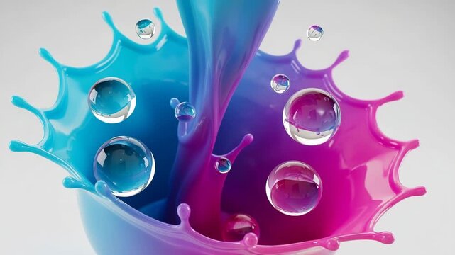 Vibrant liquid splash with floating spheres in blue and pink gradient fluid dynamics abstract