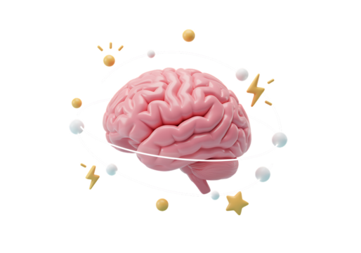 A pink brain with orbiting elements and electrical sparks on transparent background