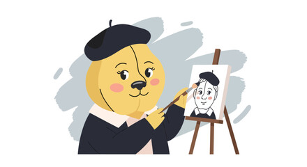 Artistic Bear Painting a Portrait on Canvas with Beret and Artistic Supplies