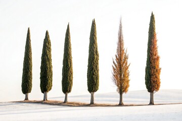Line of Cypress Trees with One Autumn Colored Tree