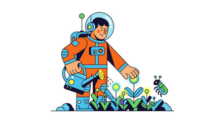 Astronaut Cultivating Flowers In A Garden, A Depiction Of Space Gardening